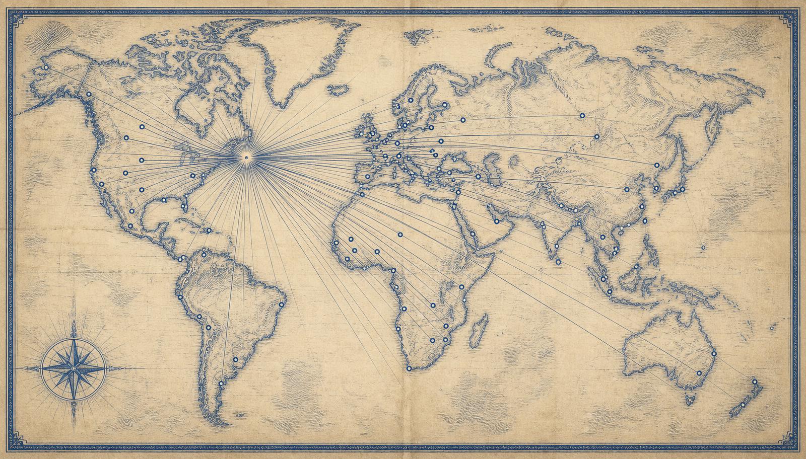 Illustration inspired by the 1943 Merkos cover map: rays radiating from 770 Eastern Parkway in Brooklyn to cities across every continent